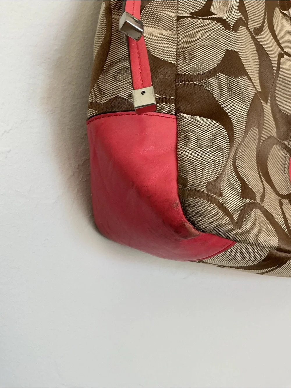 Coach Chelsea Signature Stripe Charlie Tote Khaki Coral‎ Patent Leather Bag